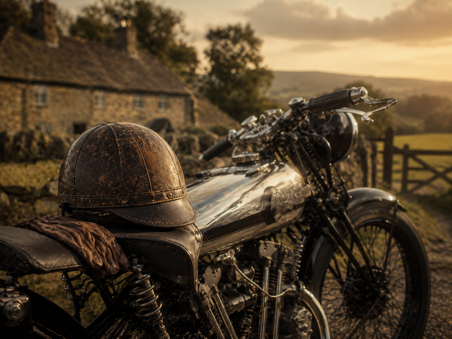 Casco de cuero antiguo y guantes apoyados sobre el asiento de una motocicleta Brough Superior, con el campo inglés de fondo
