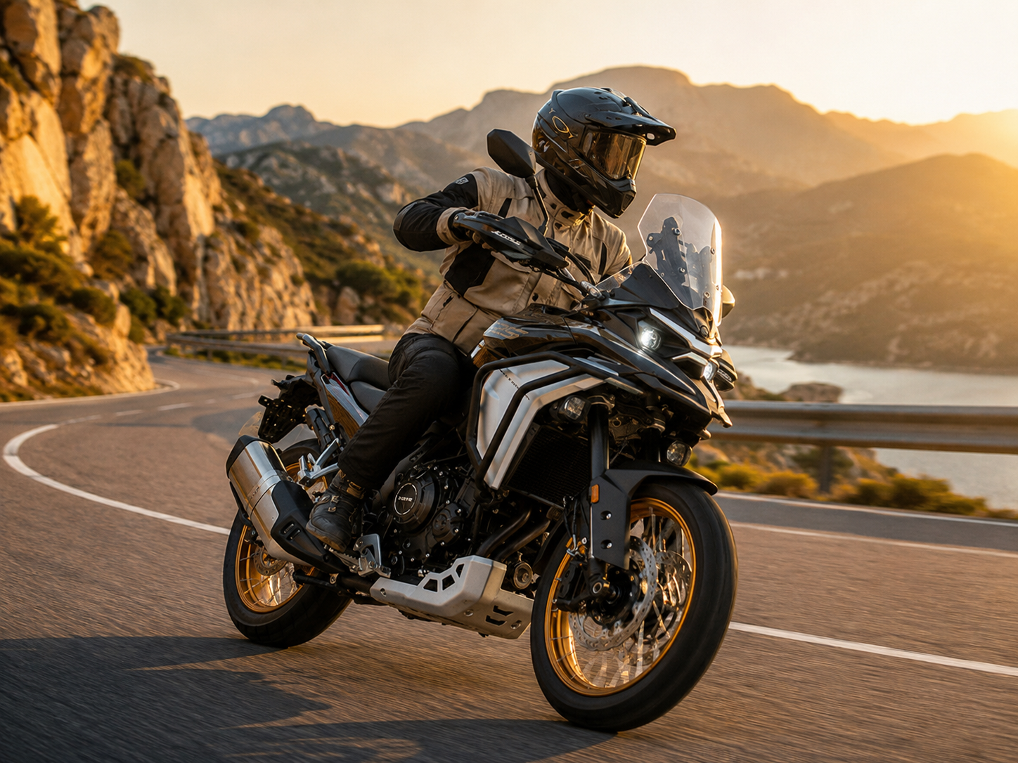 Motociclista con equipo de viaje conduciendo la Kove 625X por una ruta de montaña sinuosa al atardecer