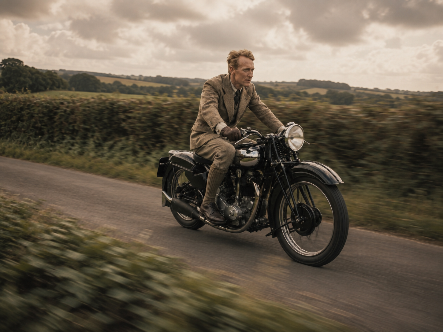Motociclista con traje de tweed conduciendo a alta velocidad por un camino rural inglés sobre una Brough Superior SS100, con efecto de movimiento