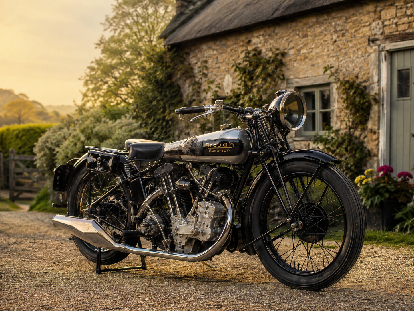 Motocicleta Brough Superior SS100 estacionada de perfil frente a una casa de campo de piedra, mostrando el tanque con la insignia Brough Superior
