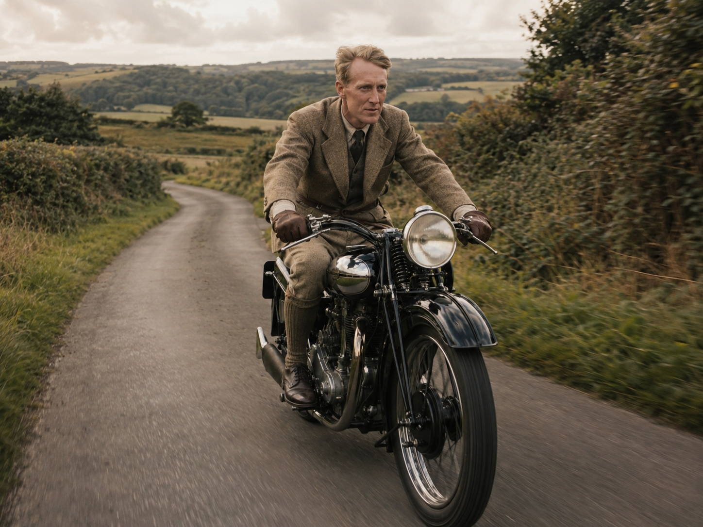 Motociclista con traje de tweed conduciendo por un camino rural entre setos, sobre una motocicleta clásica Brough Superior