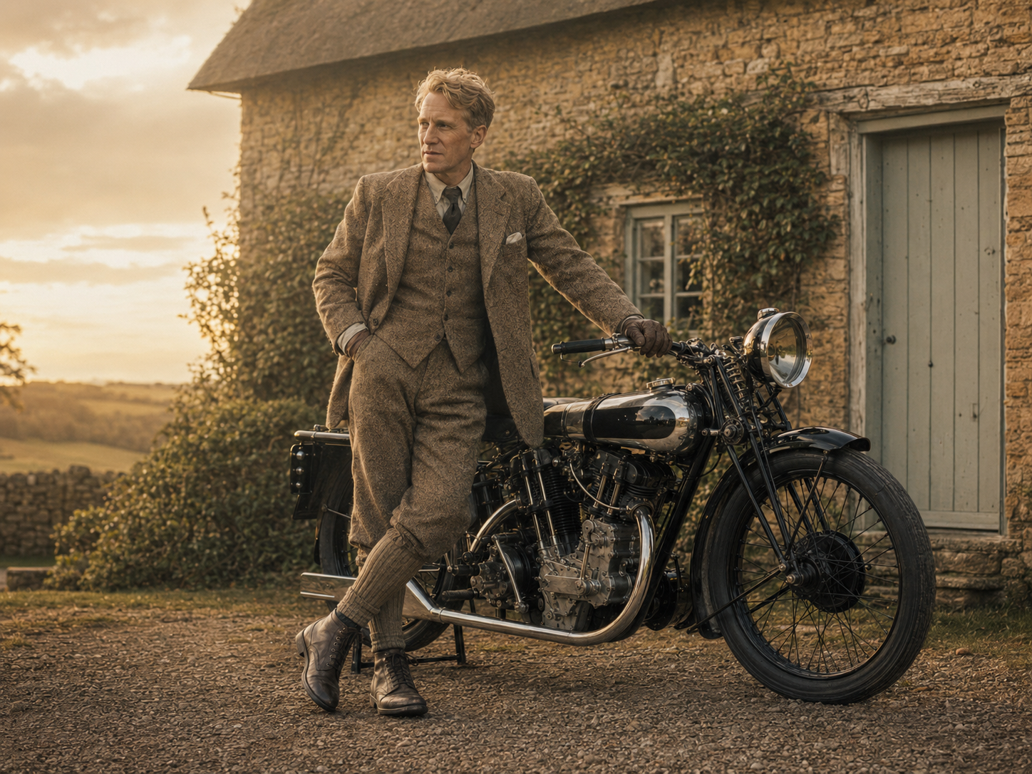 Hombre con traje de tweed de los años 20 apoyado en una motocicleta Brough Superior SS100 frente a una casa de campo inglesa al atardecer