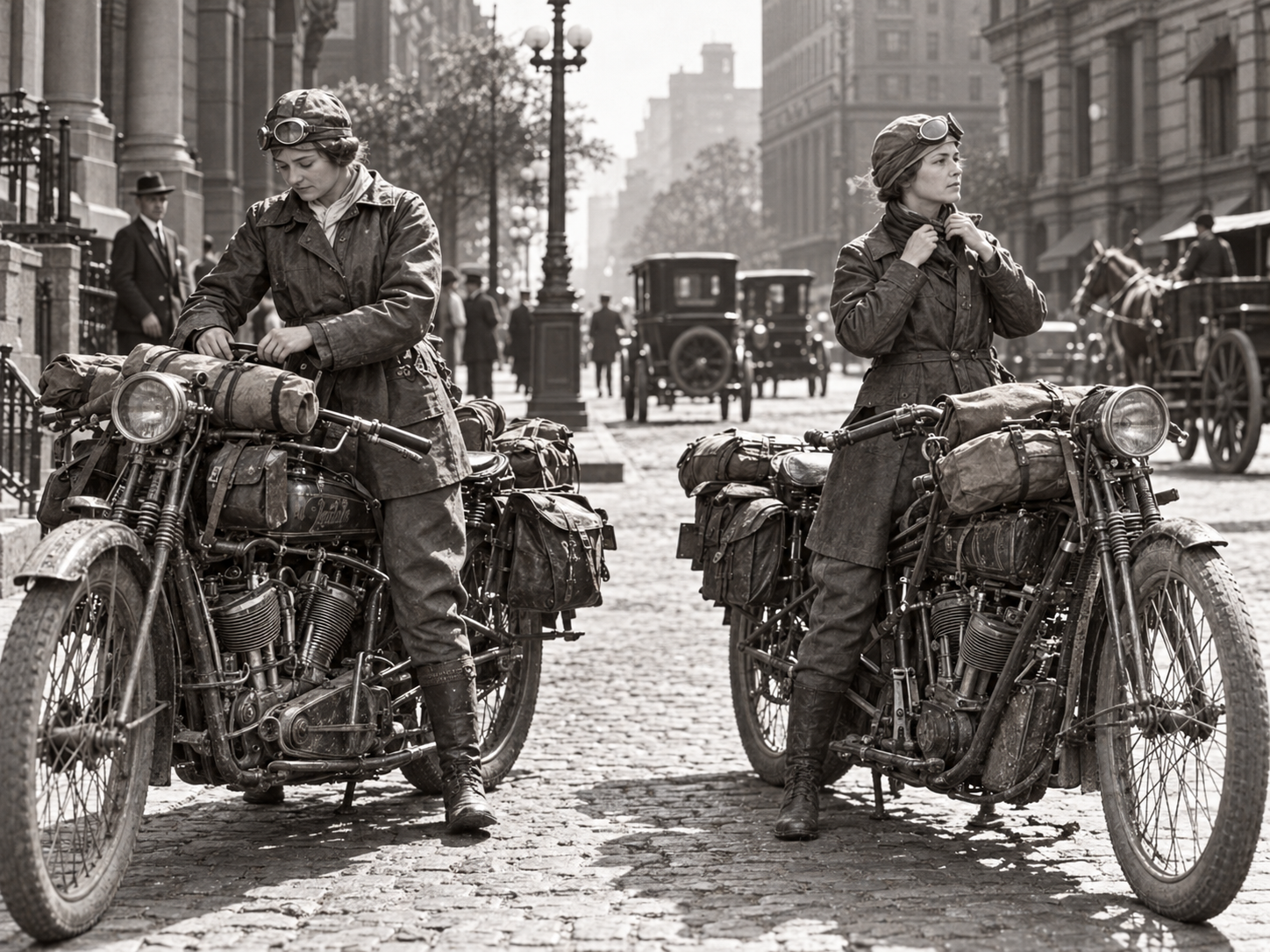 Augusta y Adeline Van Buren con sus motocicletas en una calle empedrada de una ciudad del este