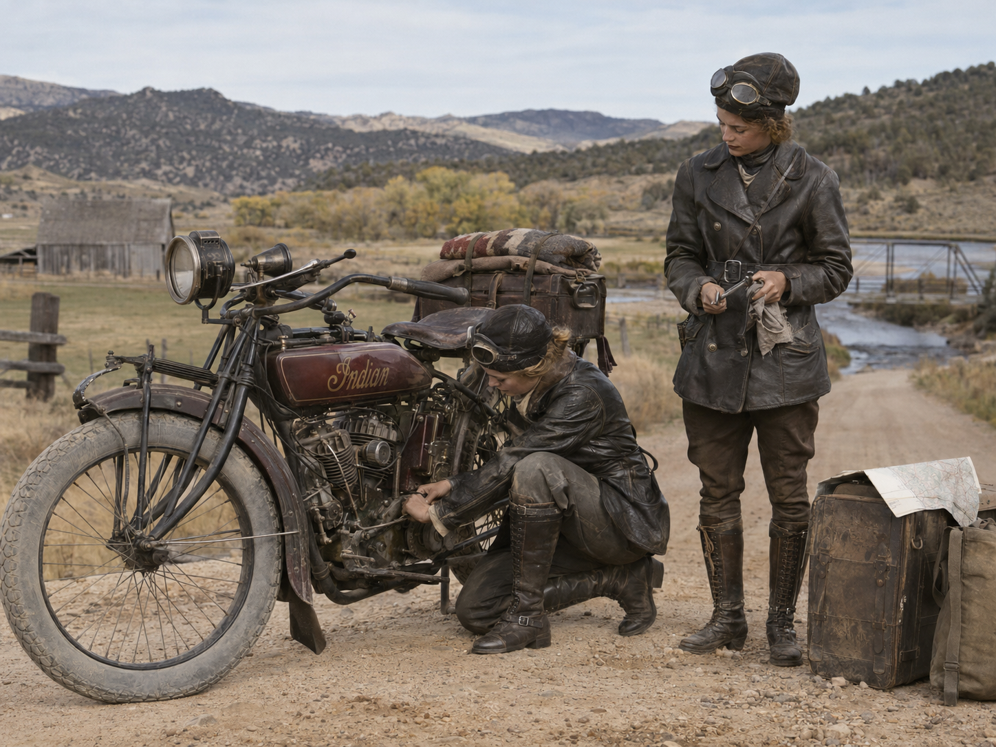 Una de las hermanas Van Buren reparando el motor de su Indian PowerPlus en un camino rural