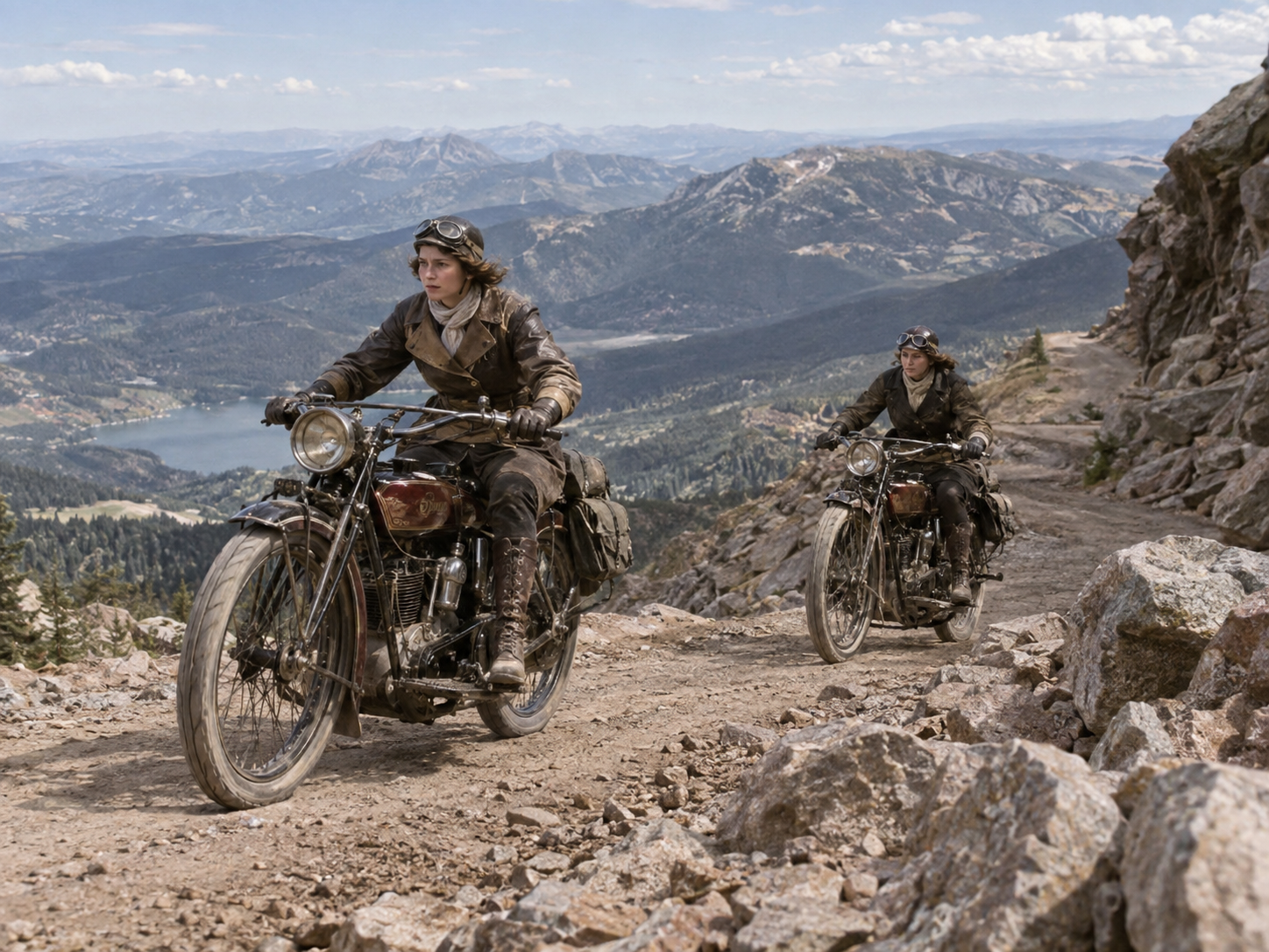 Las hermanas Van Buren descendiendo un camino de montaña sobre sus motocicletas