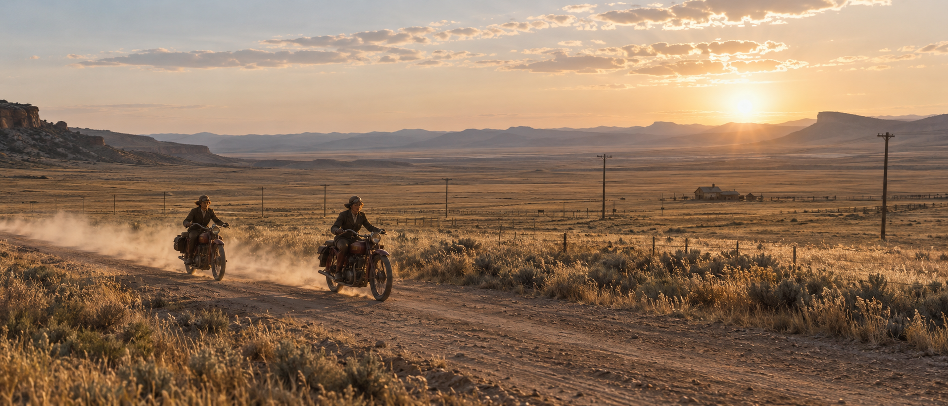 Las hermanas Van Buren avanzando por un camino de tierra al atardecer