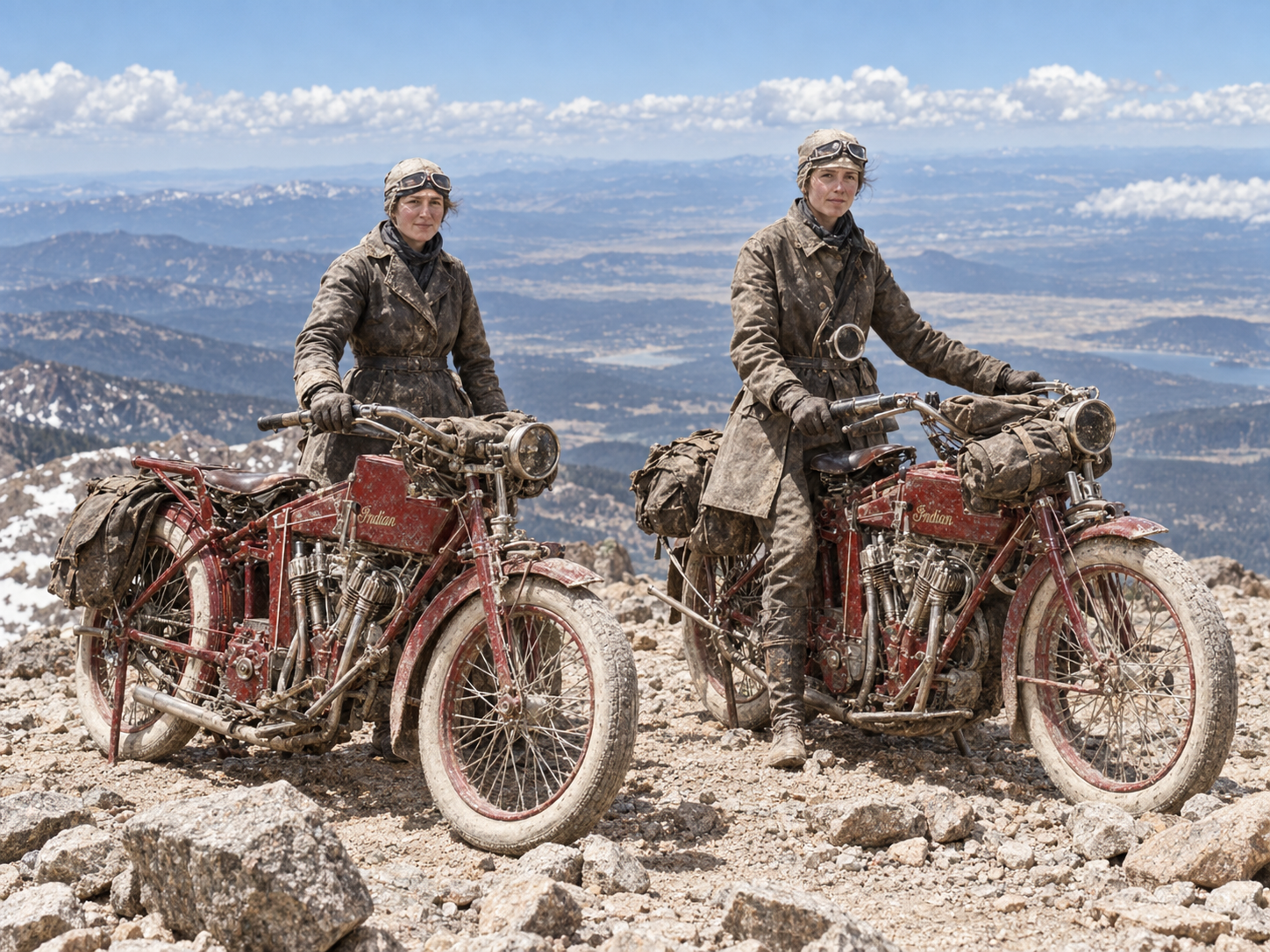 Las hermanas Van Buren junto a sus Indian polvorientas en la cima de Pikes Peak