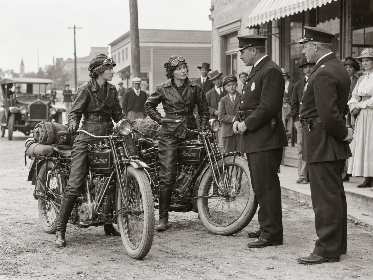 Augusta y Adeline Van Buren conversando con dos policías junto a sus motocicletas Indian