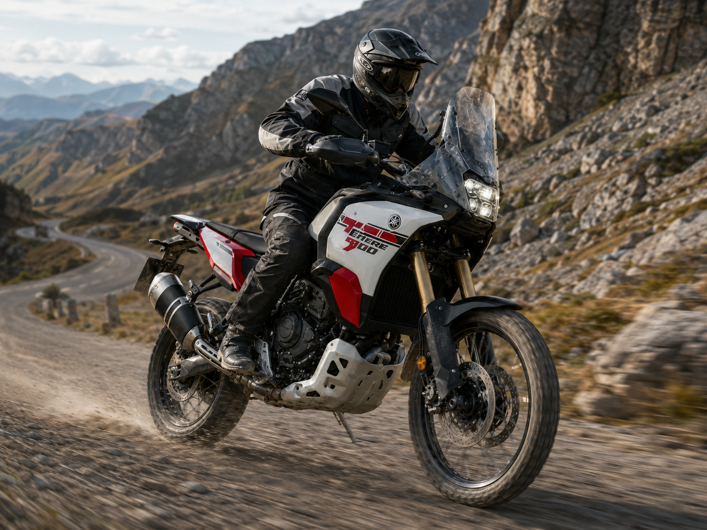 Yamaha Ténéré 900 haciendo wheelie sobre un camino de ripio