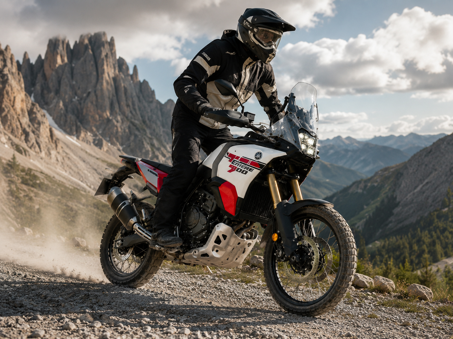 Yamaha Ténéré 900 en acción sobre un camino de montaña de tierra
