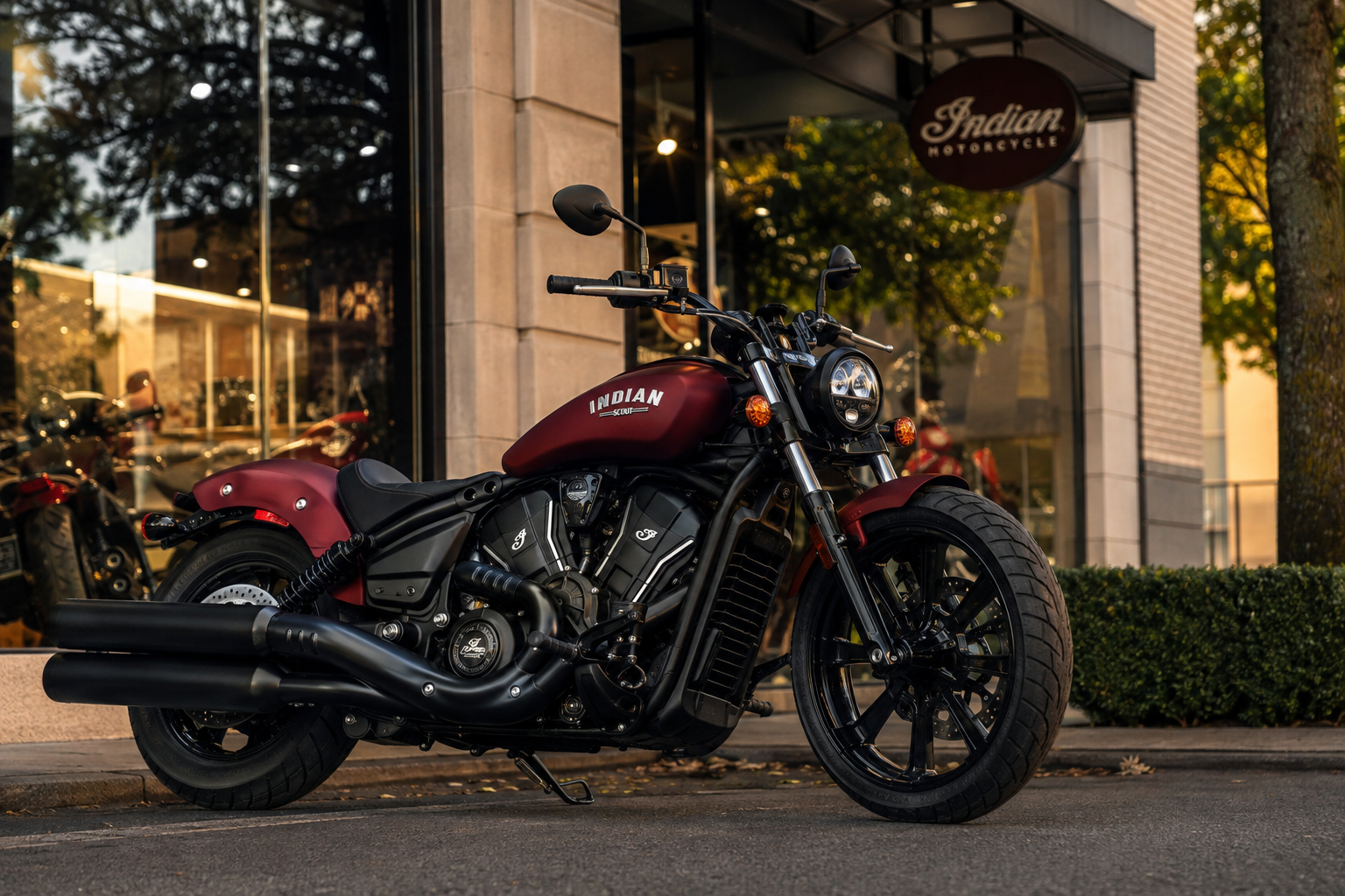 Indian Scout Bobber bordó frente a un local de Indian Motorcycle