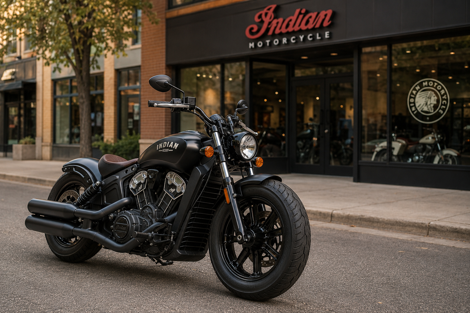 Indian Scout Bobber negra frente a un local de Indian Motorcycle