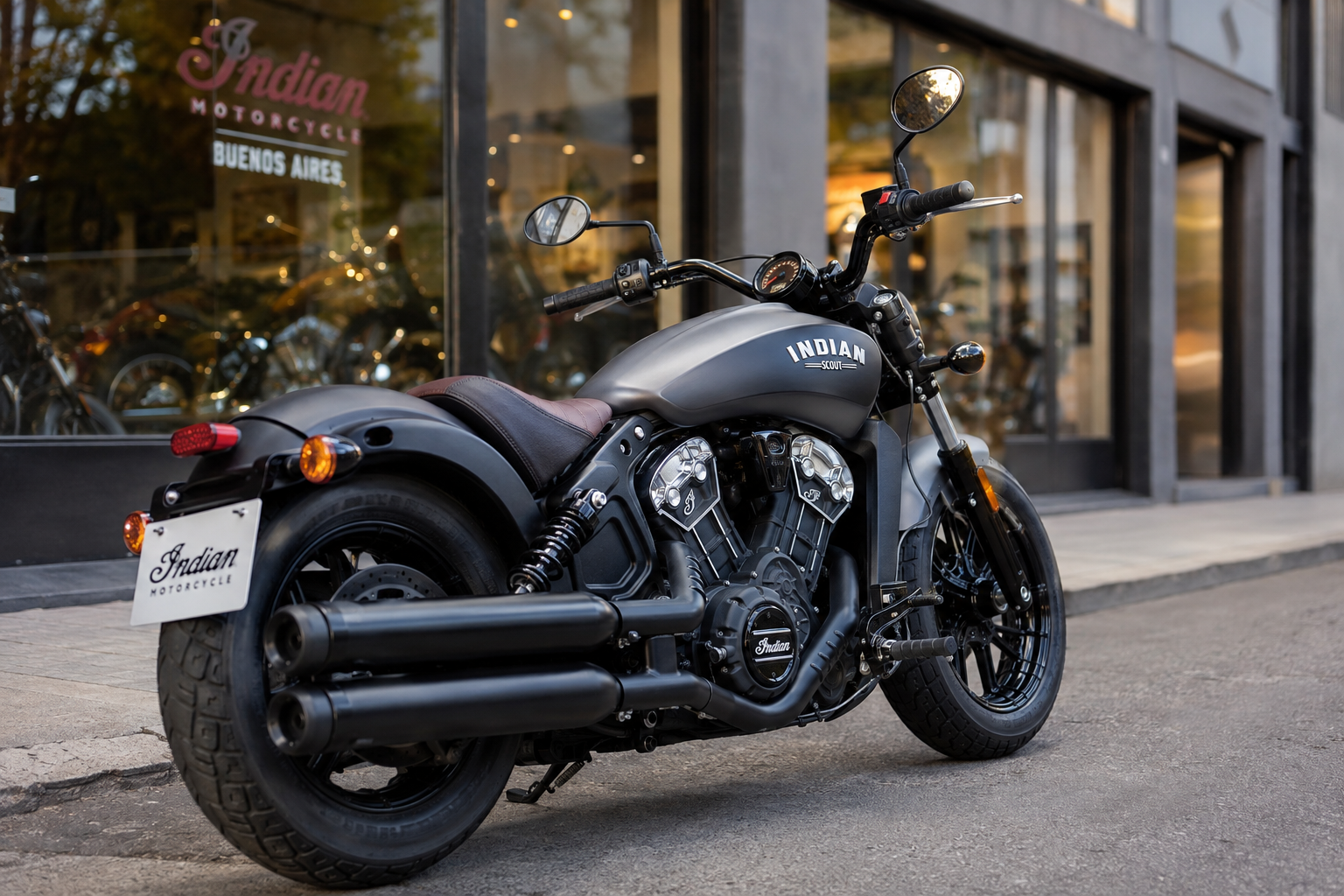 Indian Scout Bobber gris frente al local de Indian Motorcycle en Buenos Aires