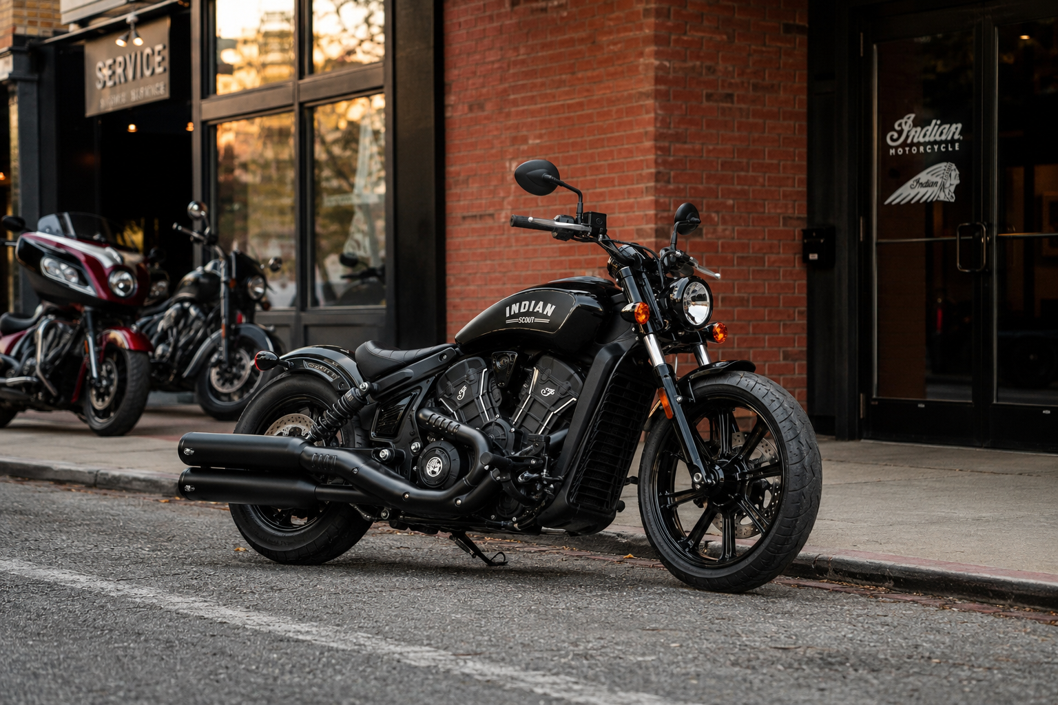 Indian Scout Bobber negra estacionada frente a un local con cartel Indian Motorcycle
