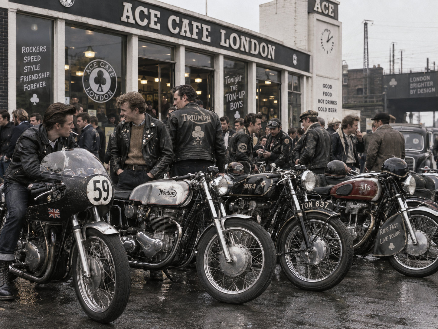 Grupo de motociclistas conversando junto a sus motos frente al cartel Ace Cafe London