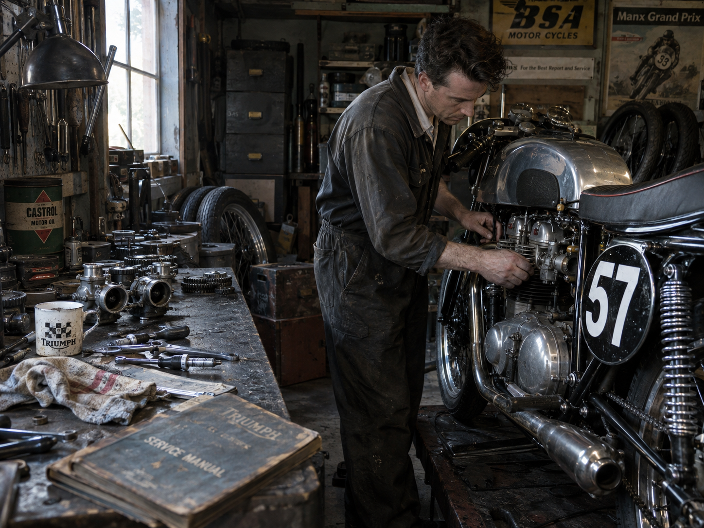 Mecánico trabajando en el motor de una moto de carrera en un taller clásico