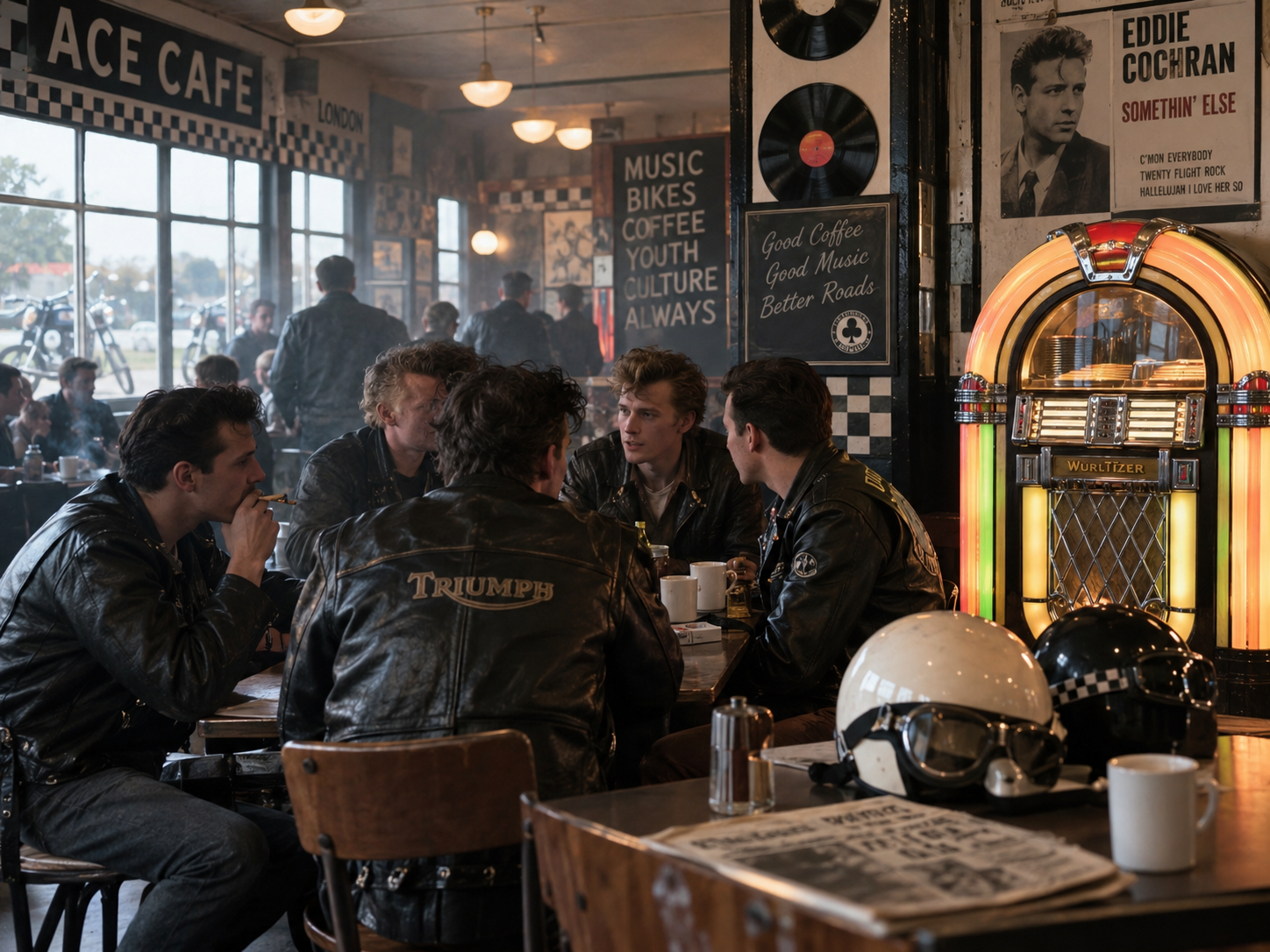 Grupo de motociclistas reunidos en una mesa del interior del Ace Cafe London junto a una rocola