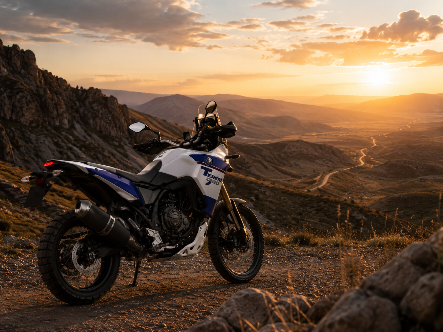 Yamaha Ténéré 900 detenida frente a un valle al atardecer