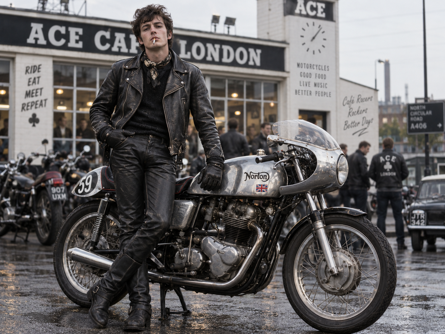 Joven con campera de cuero apoyado en una moto Norton frente al Ace Cafe London