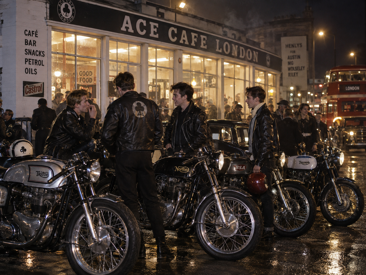 Grupo de motociclistas reunidos de noche frente al Ace Cafe London junto a sus motos