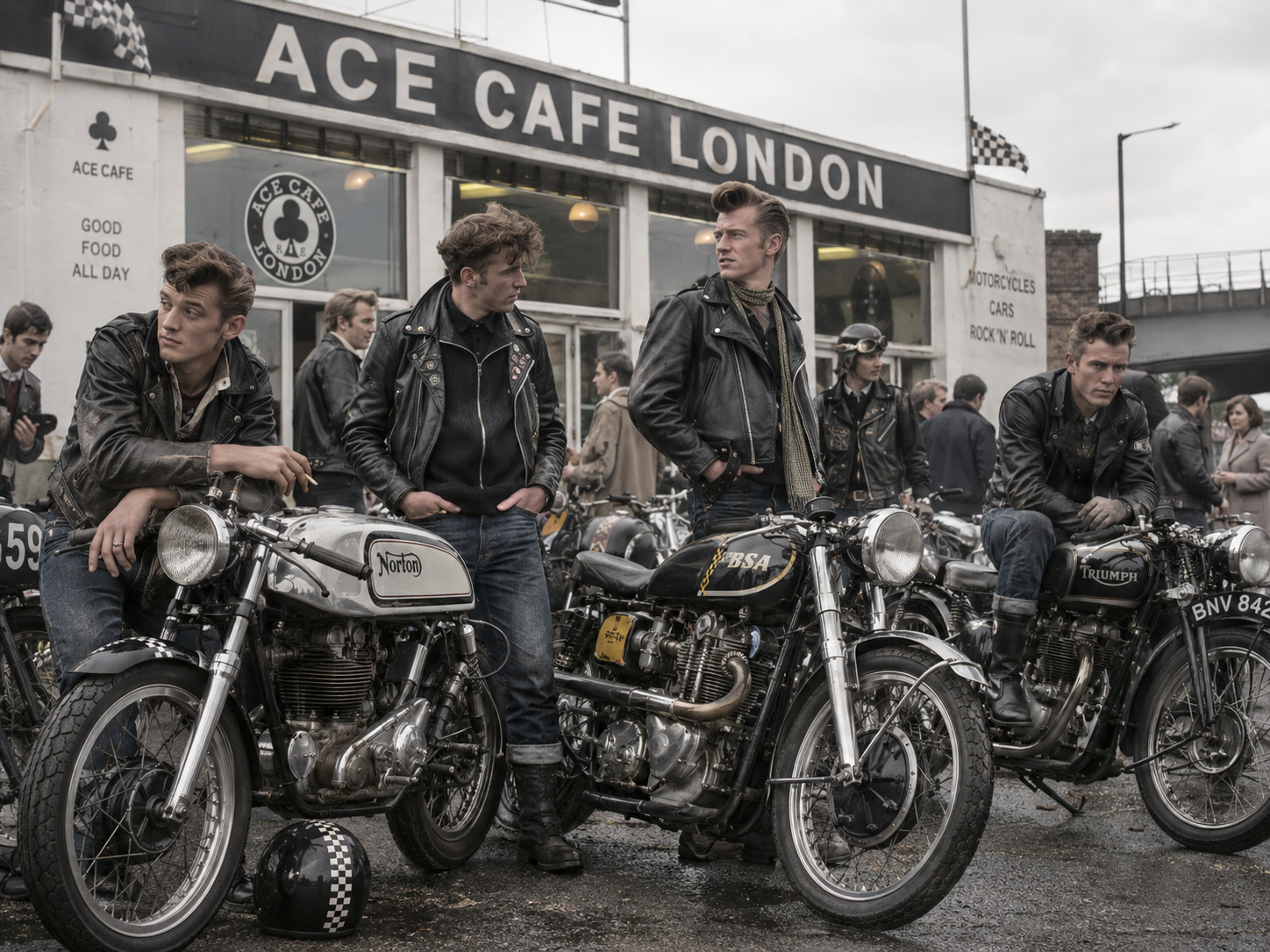 Grupo de motociclistas con camperas de cuero frente al cartel de Ace Cafe London junto a sus motos