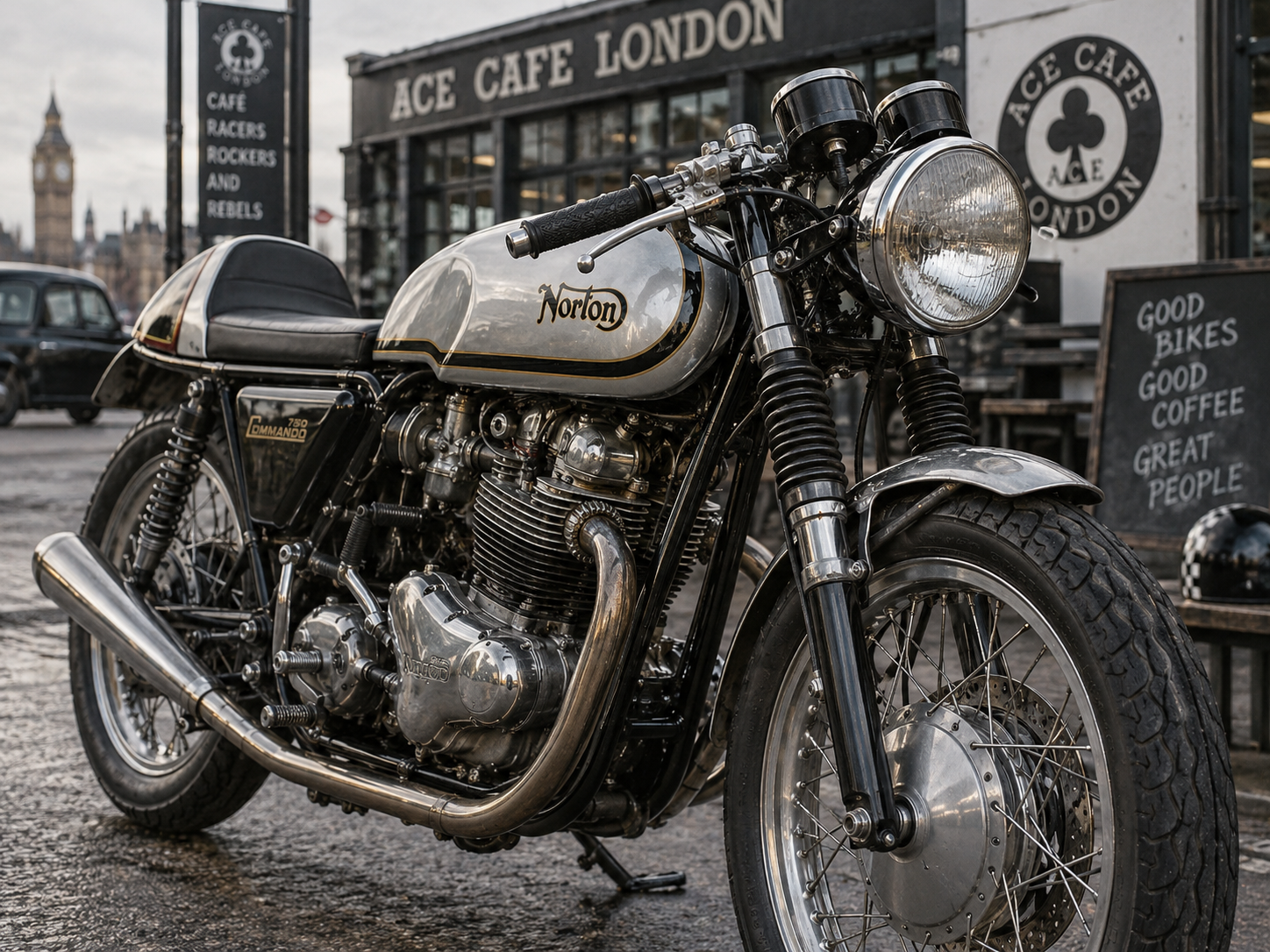 Moto Norton Commando 750 estilo café racer estacionada frente al Ace Cafe London con el Big Ben de fondo