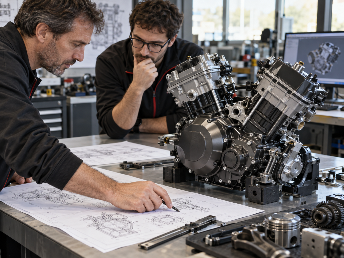 Dos ingenieros analizando un plano técnico junto a un motor de moto en un taller