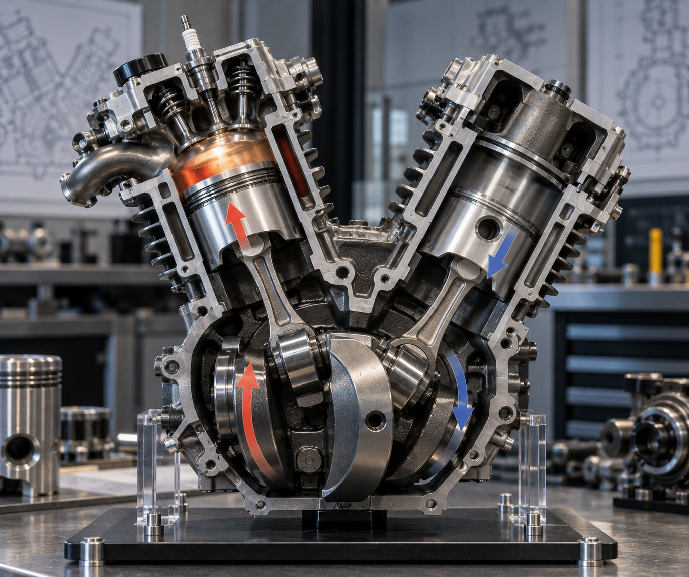 Corte transversal de un motor V-Twin con flechas rojas y azules mostrando el movimiento de los pistones