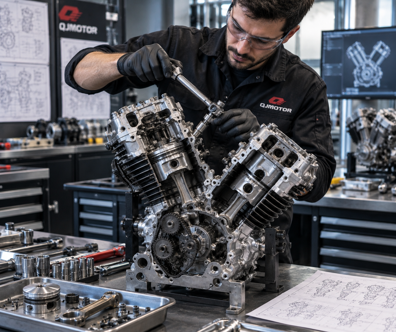 Mecánico de QJMotor ensamblando un motor V-Twin en el taller de la marca