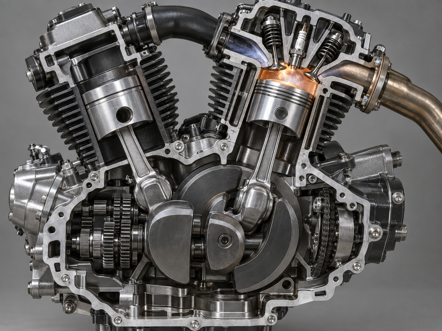 Corte completo de un motor mostrando válvulas, bujía y pistones sobre fondo gris