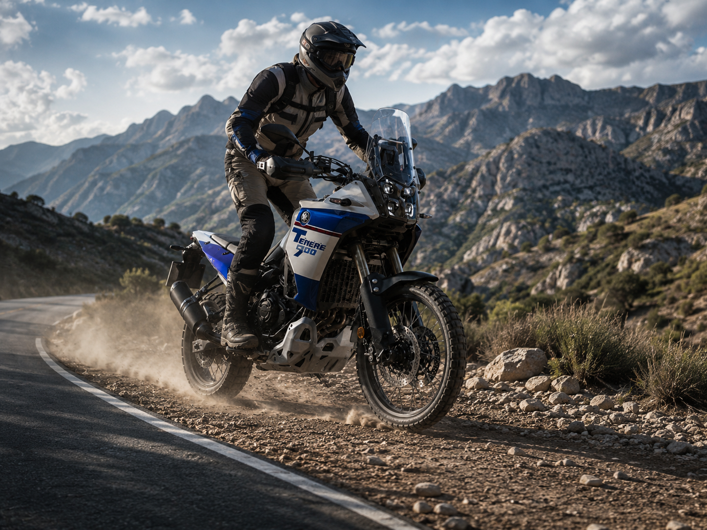 Yamaha Ténéré 900 tomando una curva de ripio a alta velocidad
