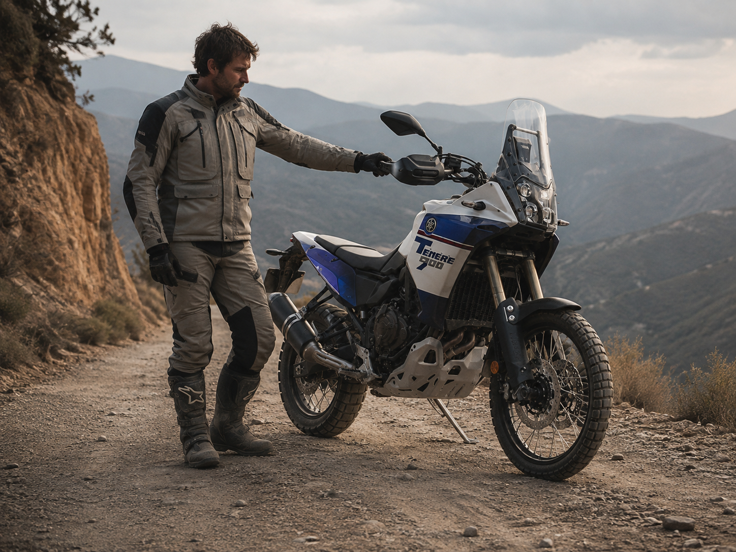 Motociclista de pie junto a la Yamaha Ténéré 900 en un camino de montaña