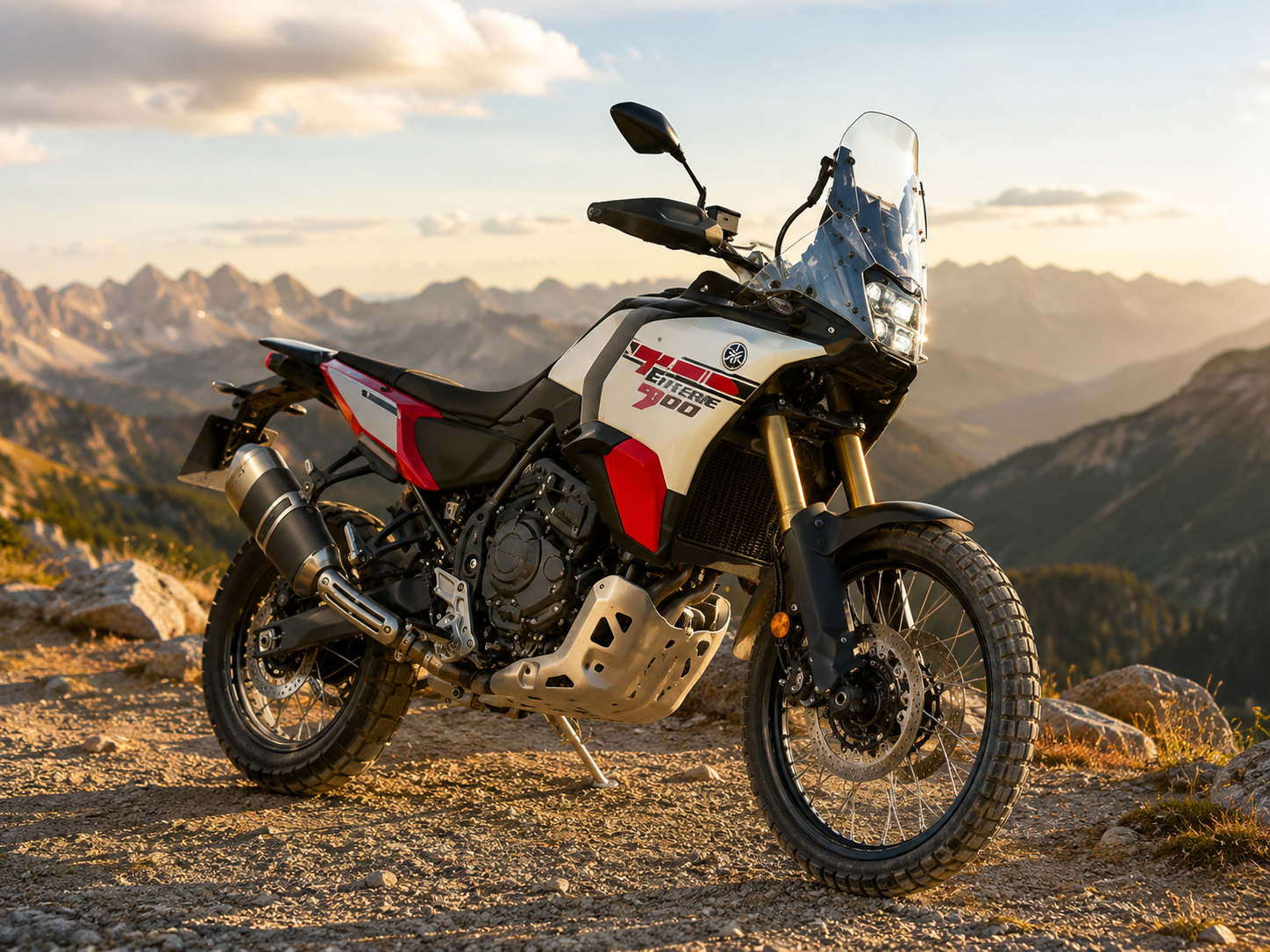 Yamaha Ténéré 900 en un mirador de montaña al atardecer